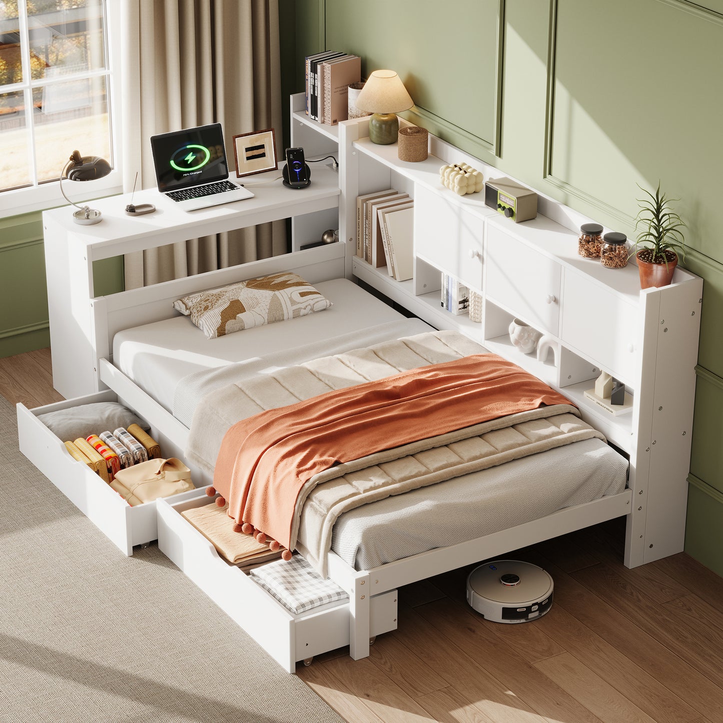 3ft Single Daybed With Storage Drawers And Bookcase, Modern Bed Frame With Charging Station And Integrated Desk, Wood Bed For Living Room Bedroom Study Room, Two Assembly Methods, White No Mattress