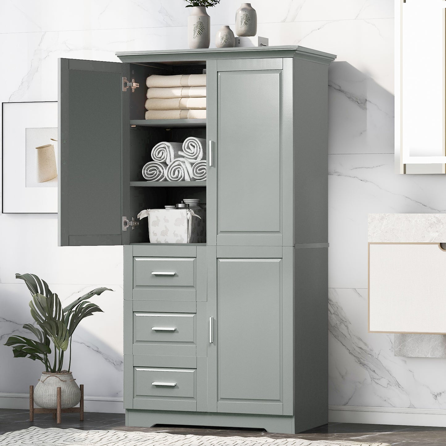 Tall And Wide Storage Cabinet With Doors For Bathroom Office, Three Drawers, Grey Old SKU WF299285AAG N725P331357E