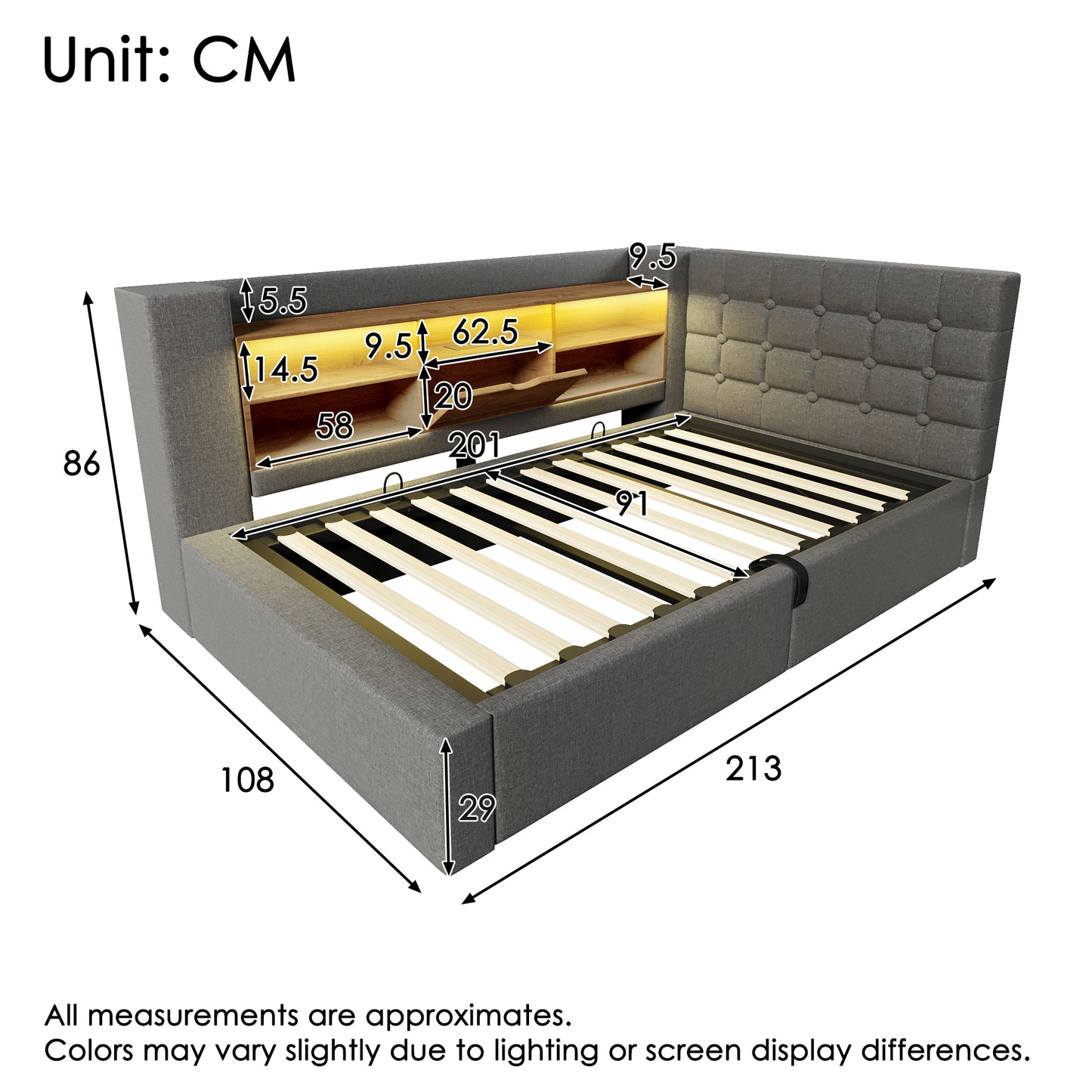 Upholstered Bed 90x200 Cm Single Bed With LED Lighting, Hydraulic Storage, L-shaped Headboard With Storage, Can Be Mounted On Both Sides, Slatted Base, Linen Fabric, Grey  Without Mattress