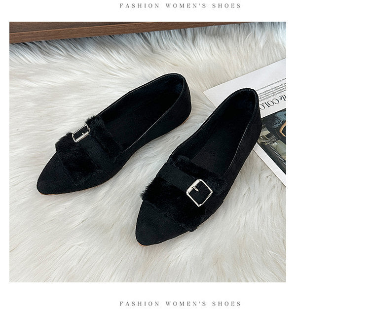 Women Furry Moccasins, Slip On Pointed Toe Block Heel Fleece Lined Shoes, Vintage Cow Suede Autumn Fairy Style Outdoor Driving Shoes