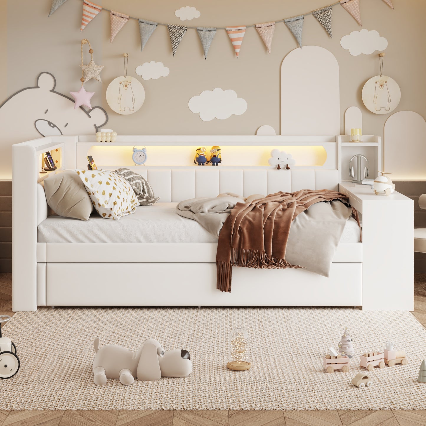 Padded 90x200 Daybed With USB Ports And LED Belt, With Trundle Bed And Desk, White