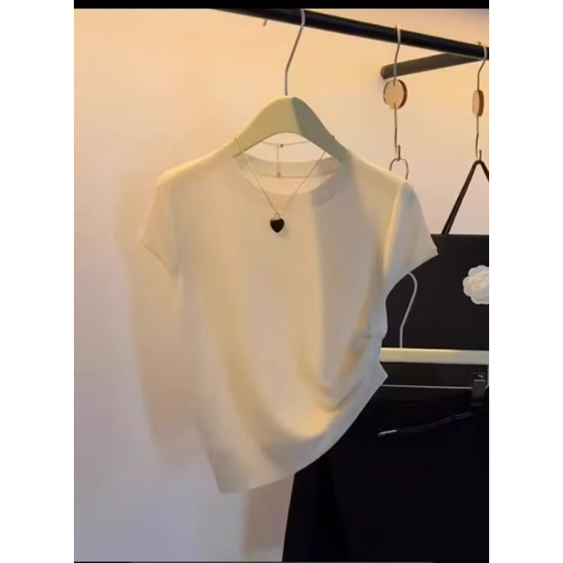 Korean-style Elegant Round-neck Minimalist Knitted Short-sleeve Top For Women