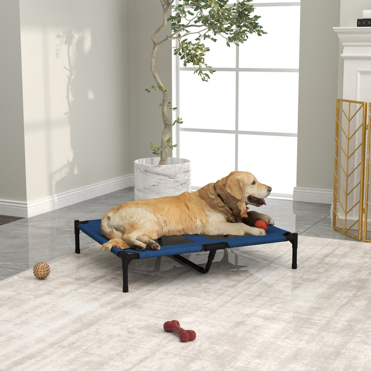 PawHut Raised Dog Bed Cat Elevated Lifted Puppy Pet Elevated Cot Portable Camping Basket?Blue (Large)