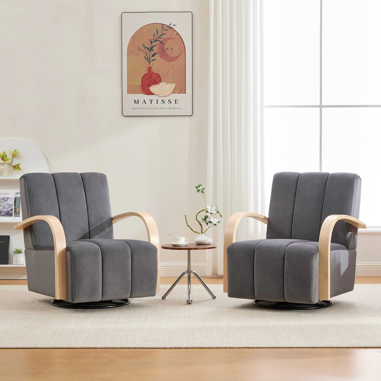 30.7 W Upholstered 360 Swivel Accent Chair With Solid Wood Armrests And Comfy Channel Tufted Lounge Reading Chair, Single Sofa Armchair For Hotel Bedroom Living Room Office And Bedroom. Charcoal