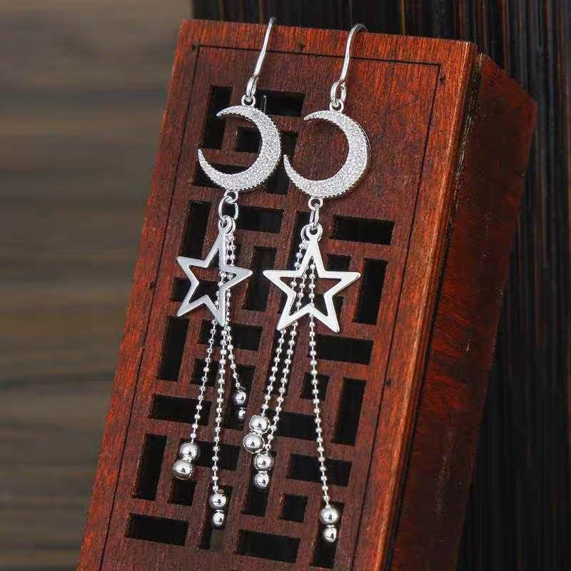 1 Pair 999 Sterling Silver Moon & Star Long Tassel Earrings, Shiny & Elegant, Perfect For Daily, Party & Dating, Ideal Valentine's Gift