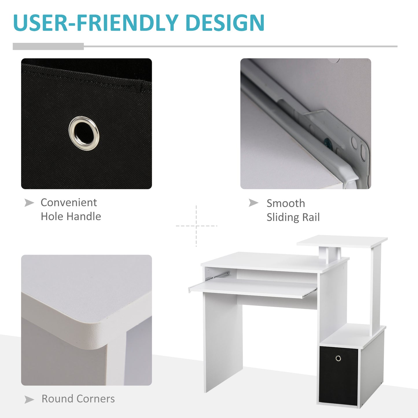 Computer Desk With Sliding Keyboard Tray Storage Drawer Shelf Home Office Workstation White