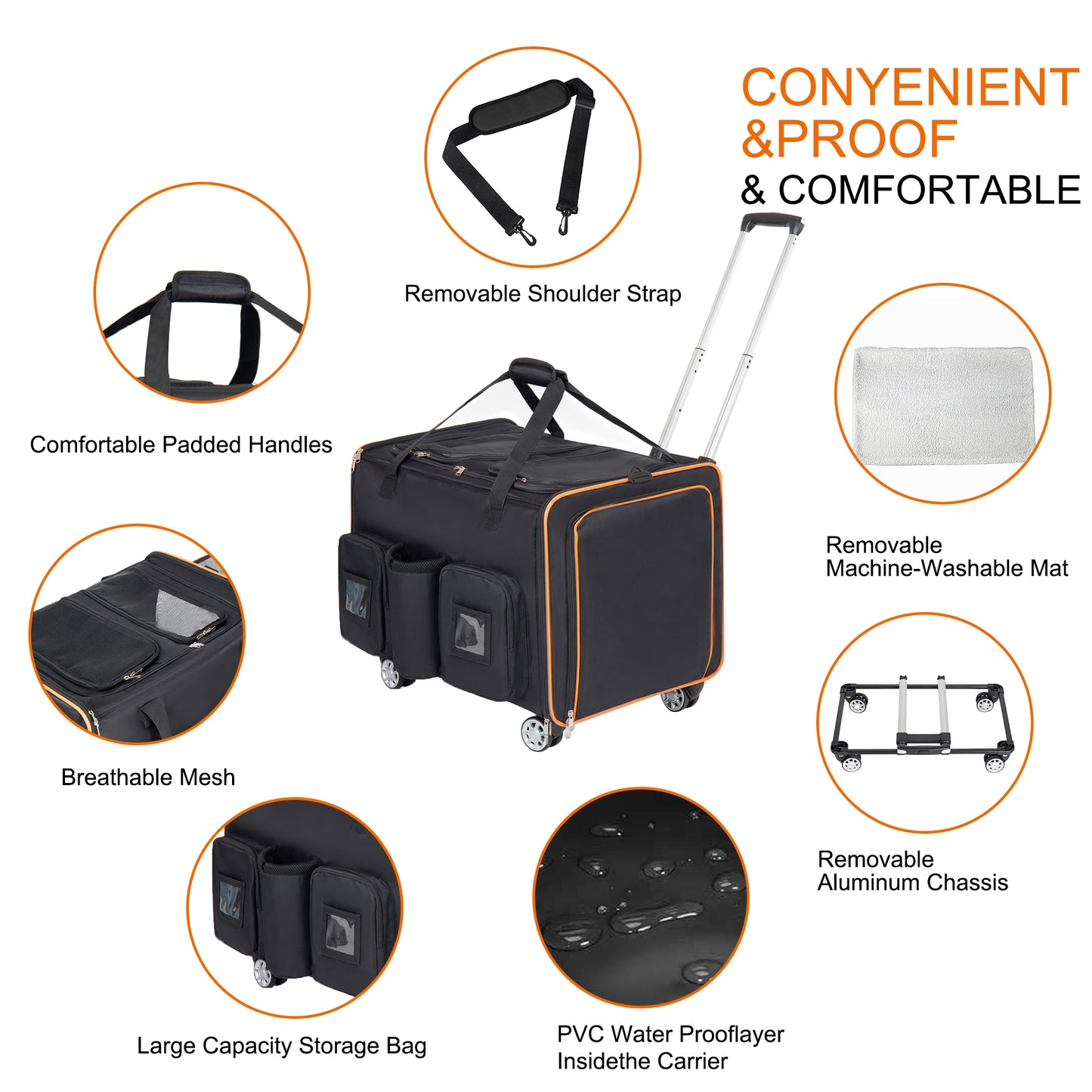 2 In 1 Large Cat Carrier For 2 Cats,Rolling Pet Carrier With Wheels,Expandable Foldable Double Pet Carrier With Removable Divider,Breathable Mesh Oxford,Cat Travel Crate For Car Camping  Vet, Black