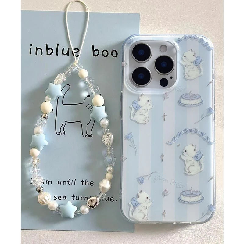 Applicable Mobile Phone Blue And White Striped Cat Lanyard Protective Cover