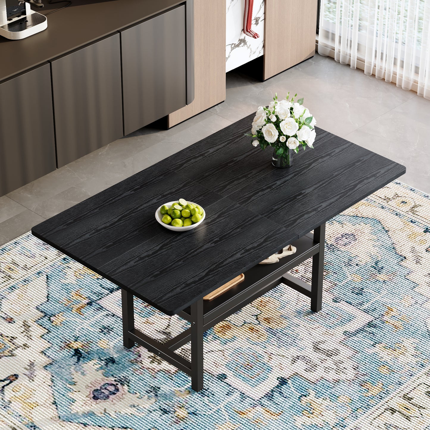 Black Rectangular Dining Table In Industrial Design, 160x90x76 Cm, For 4-6 People, With Multifunctional Storage Shelf, Suitable For Living Room, Kitchen And Dining Area.
