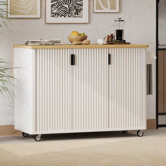 K&K 51  Fluted Kitchen Island With Drop Leaf, Farmhouse Accent Kitchen Island On Wheels With Internal Storage Rack, Rolling Kitchen Cart With Towel Rack For Kitchen, Dining Room, White Ash