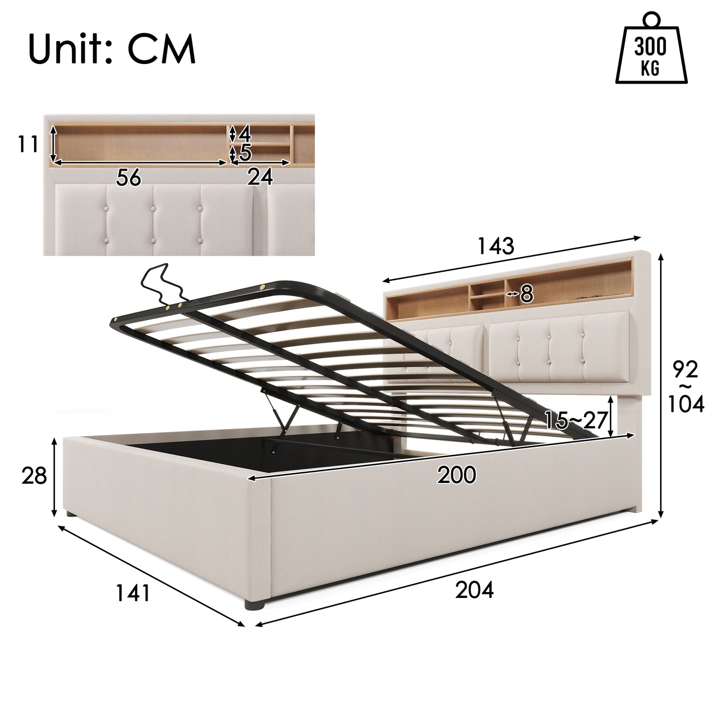 Upholstered Bed Double Bed With USB C Socket Charging Function Headboard, Storage Beds Bed Frame Made Of Linen Material Youth Bed 140x200 With Slatted Base Without Mattress