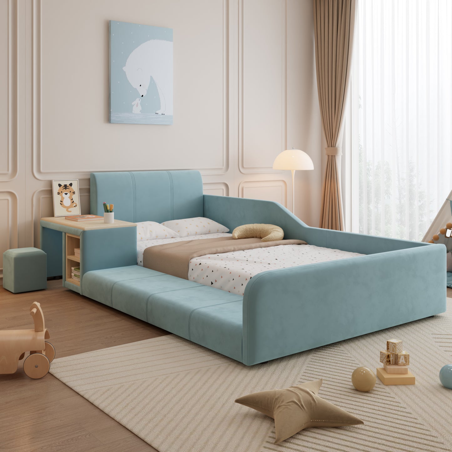Upholstered Bed, Single Bed With Children's Desk And Stool, With Shelf, Soft Headboard, Children's Bed With Wooden Slats, Velvet, Blue, 90x200cm