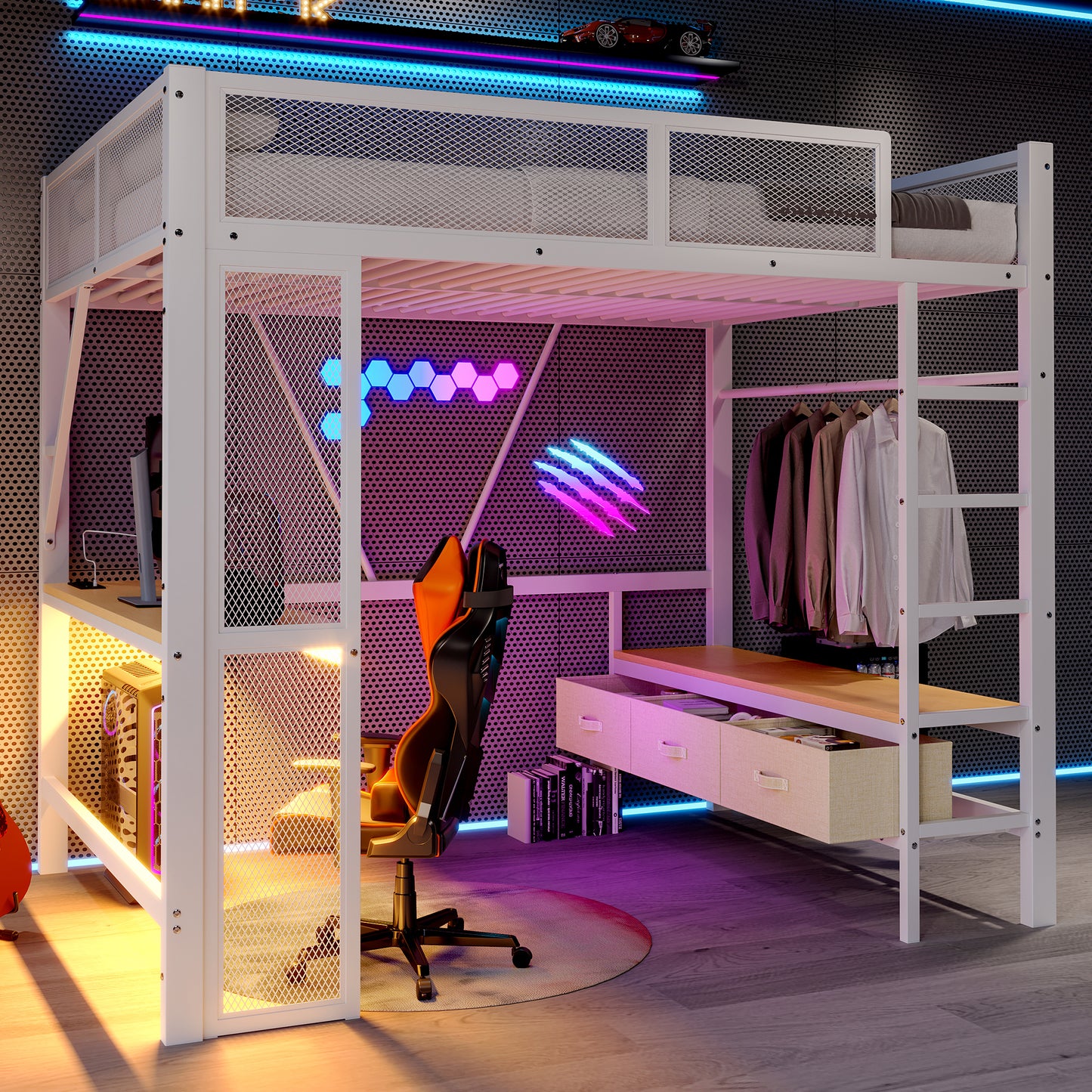 140 X 200 Cm Metal Play Loft Bed With USB, LED, Desk, Open Wardrobe And 3 Laundry Drawers, White