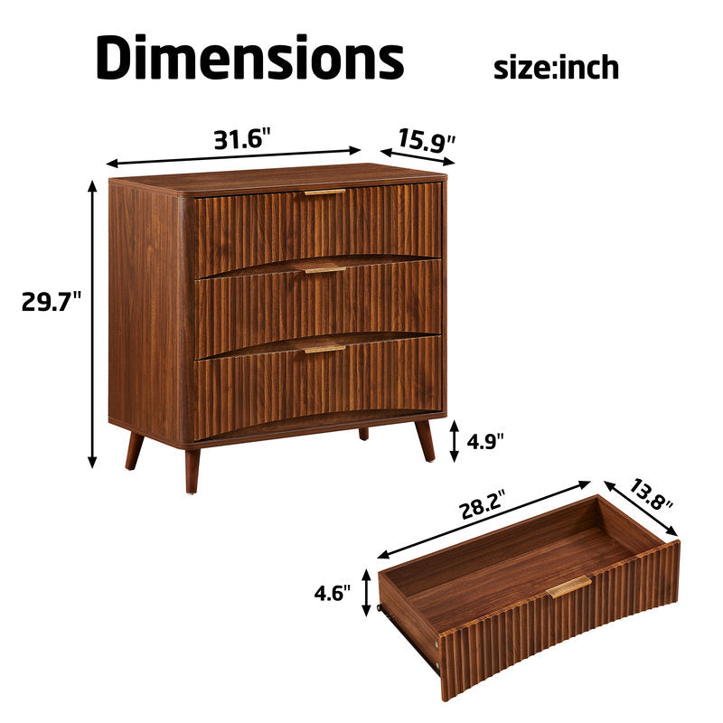 Fluted 3-Drawer Dresser, Mid-Century Modern Tall Chest W Vertical Grooved Design, Solid Wood Storage Cabinet W Metal Handles For Bedroom Living Room, Walnut