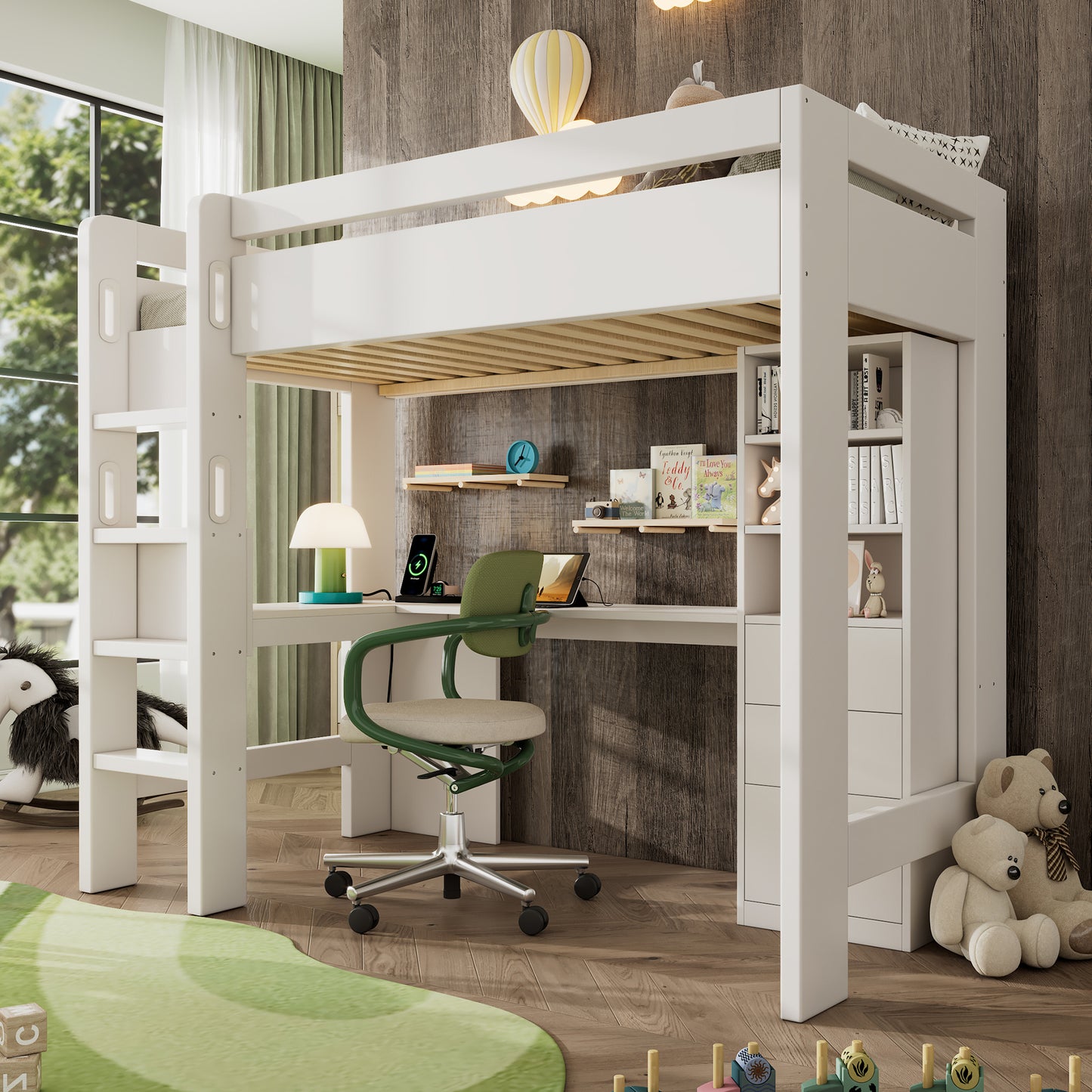 Loft Bed With L-shaped Desk, Shelves And Drawers With USB Type-C Charging Area, Youth Single Bed With Ladder And Wooden Slatted Base, 90x200cm, White, Without Mattress.