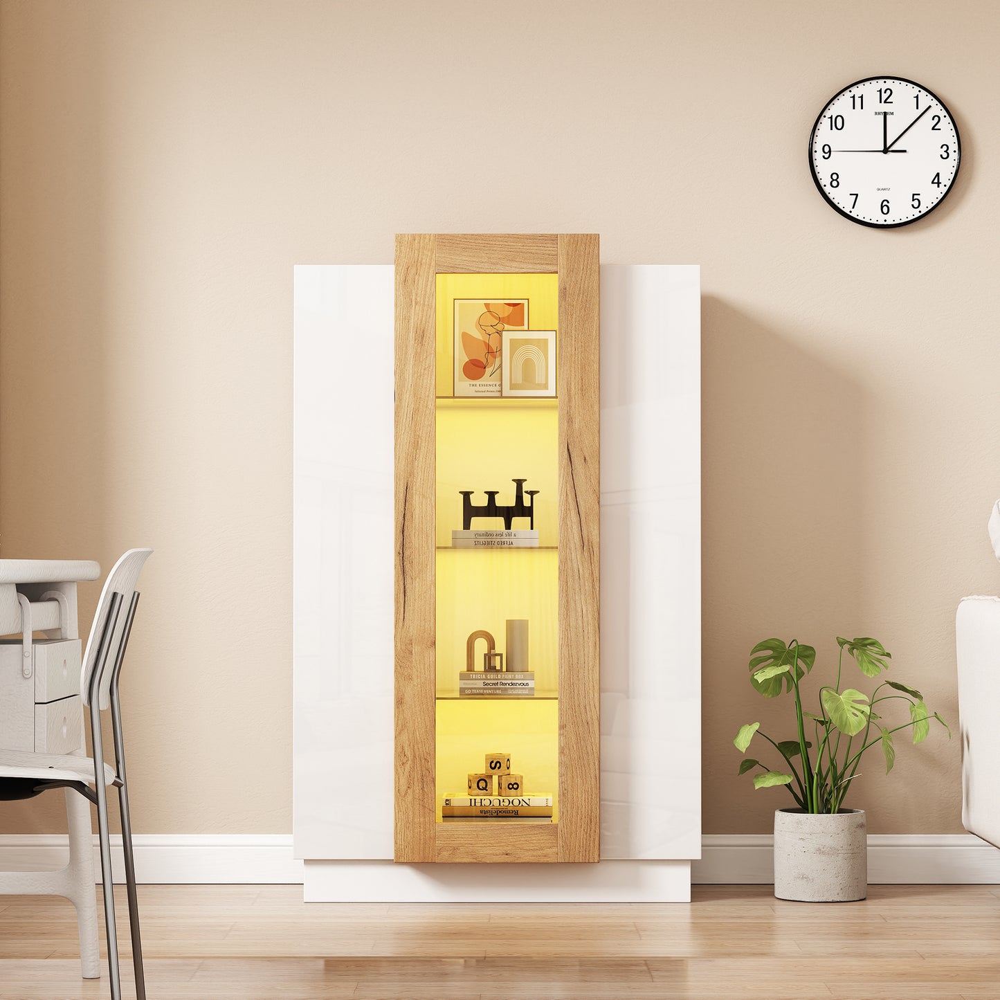 74 X 40 X 120 Cm Living Room Cabinet With 3 Doors, Transparent Doors, High-gloss Display Cabinet With LED Lighting, Bookcase With Glass Shelves And A Drawer, Freestanding Display Cabinet With A Height