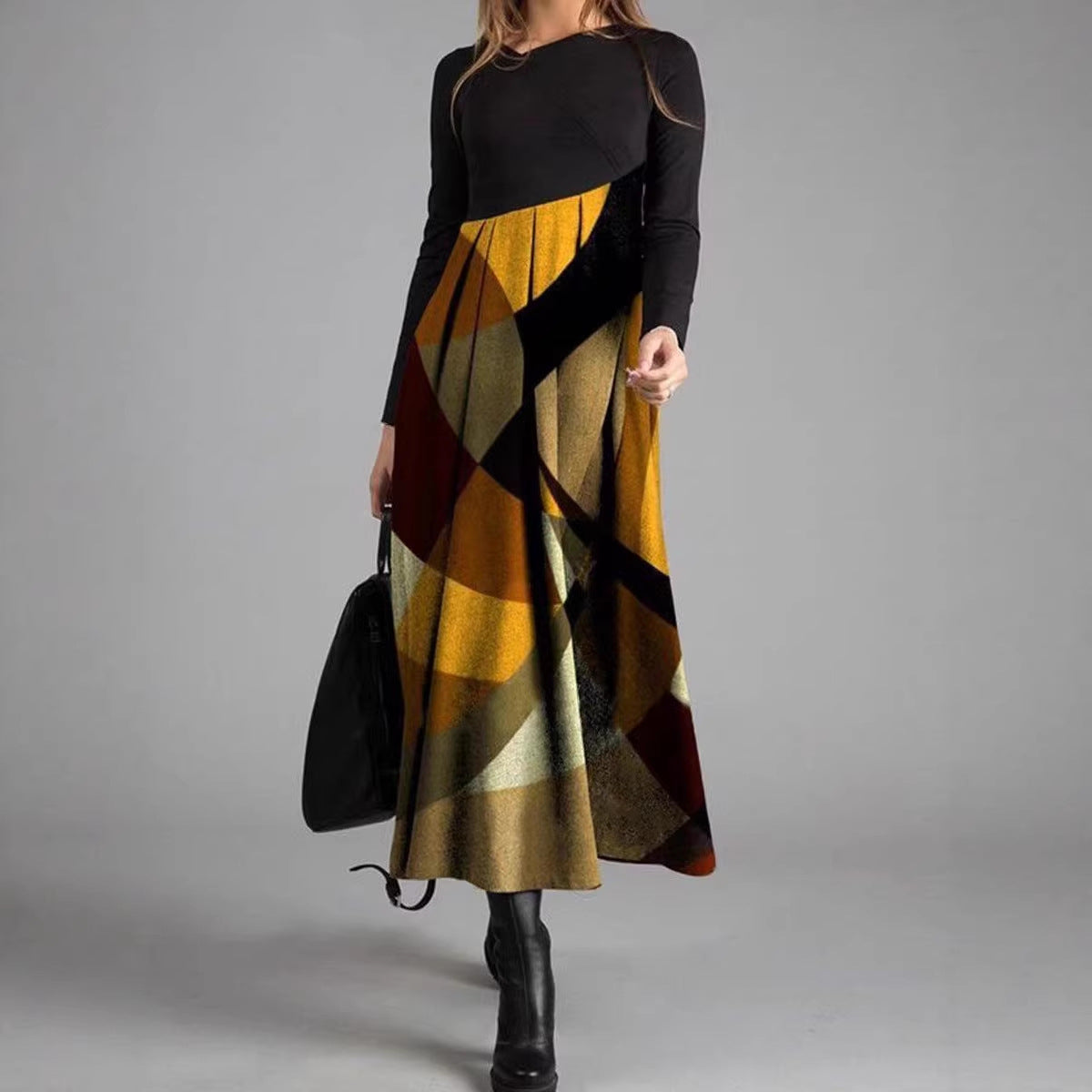 New Womens Long Sleeve Patchwork Plaid Dress