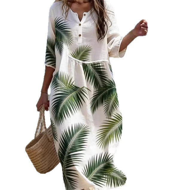 Round Neck Fashion Premium Long Sleeve Printed Dress