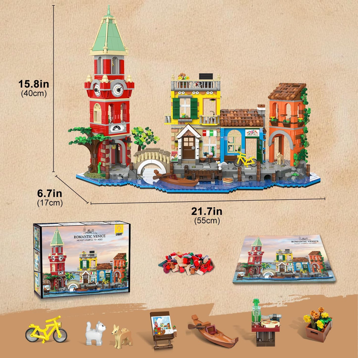 Venice Main Street Building Set For Adults, 2155 PCS City House Building Block Kit With Light Flower Shop Pizzeria, Christmas Home Decor Architecture Model Gift For Women Men Teen Girl
