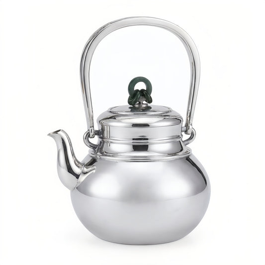 925 Sterling Silver Elegant Polished Silver Tea Kettle with Green Jade Knot Finial and Arch Handle - Handicraft