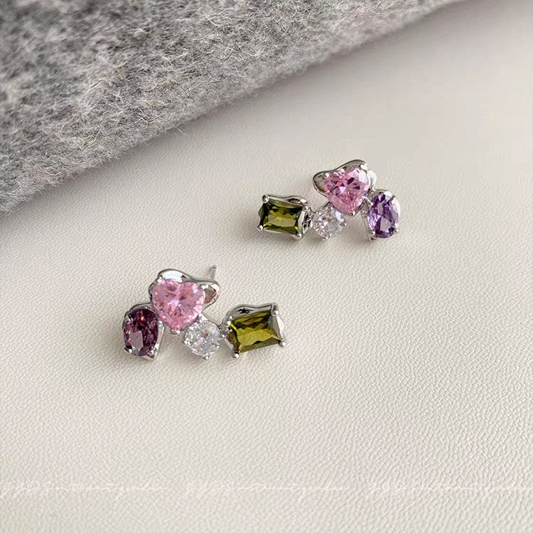 Exquisite Geometric Colorful Zircon Stud Earrings, Light Luxury High-End Dopamine Sweet Personalized Fashion Ear Jewelry For Women