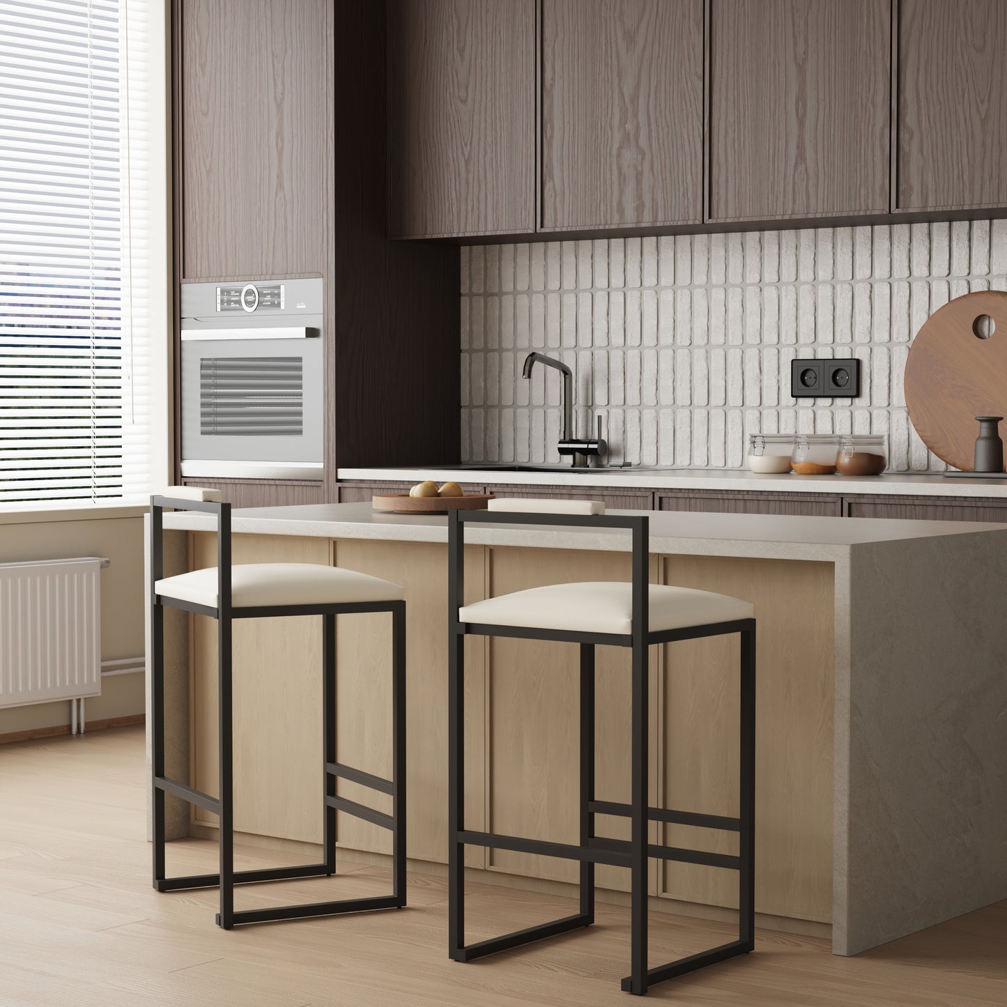Set Of 2 Barstools Faux Leather Upholstered Bar Stools Modern Metal Frame Dining Chairs For Counter, Kitchen Island  Beige