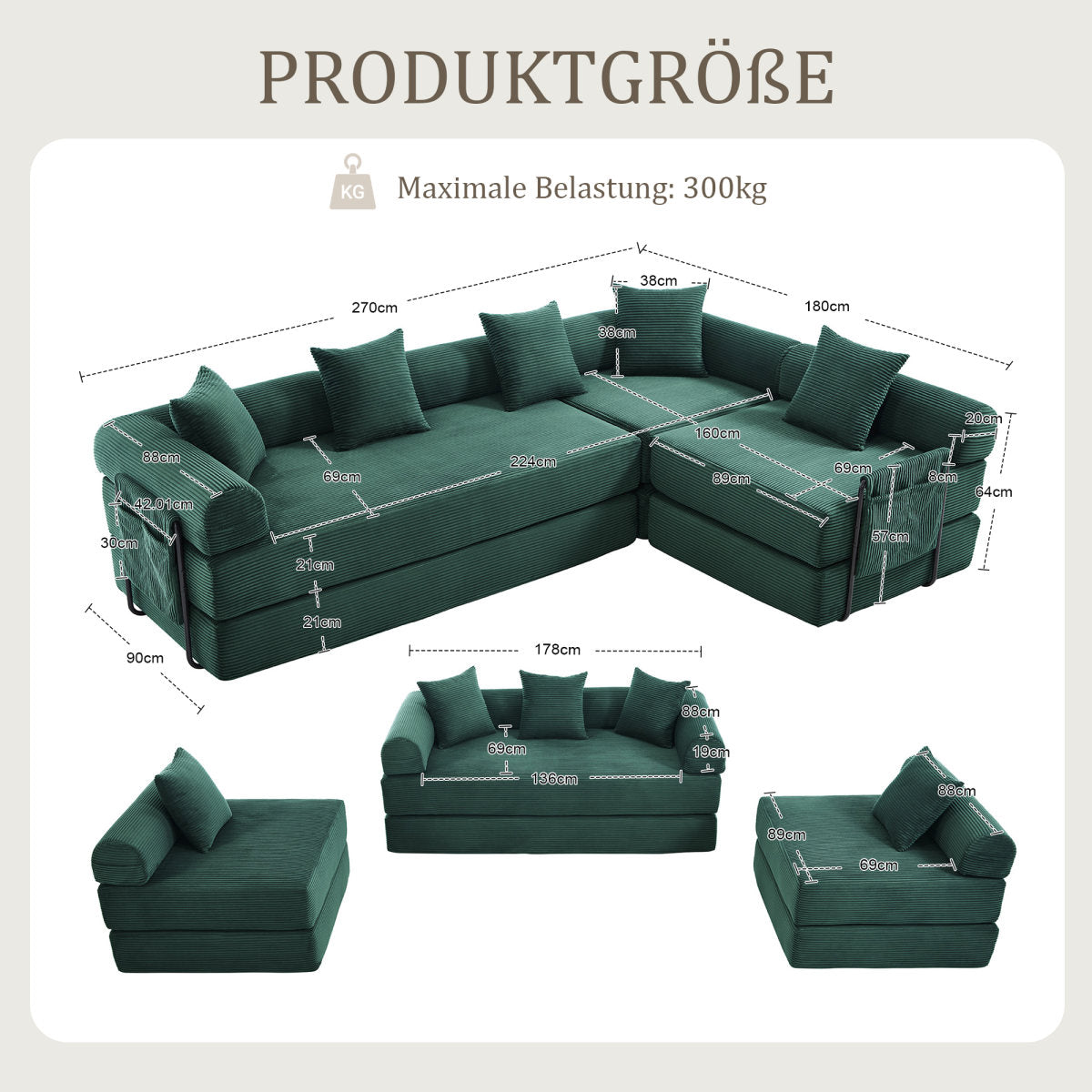 Cosy Family Sofa With Storage Space & Modular Function  Vacuum-packed For Effortless Assembly, Freely Combinable Modules And Pet-friendly. Perfect For Relaxing Moments. Emerald Green