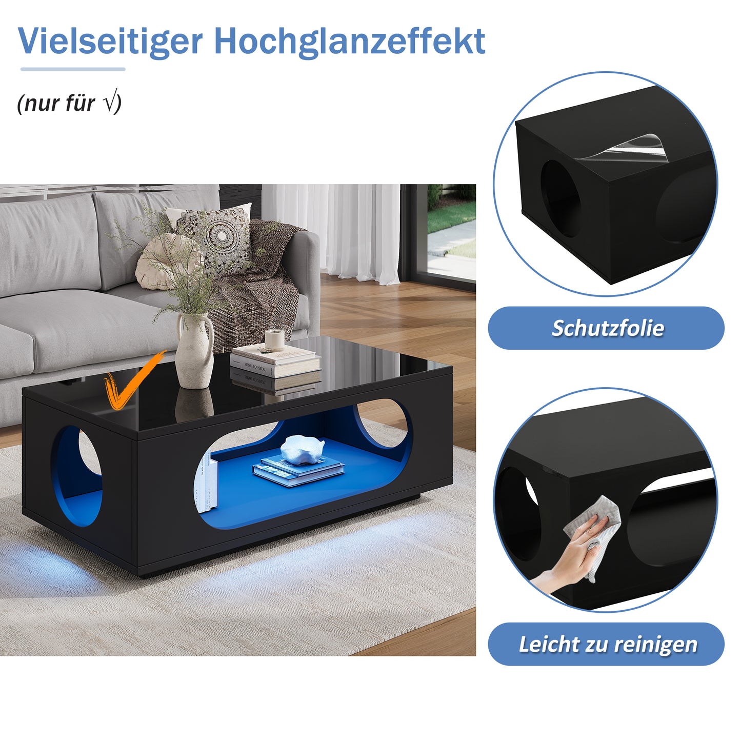 Coffee Table With LED Lighting  App Control , 100x50x35cm, MDF Material, 30kg Load Capacity,High Gloss Openwork Coffee Table,Large Storage Side Table,Sofa Table,Black