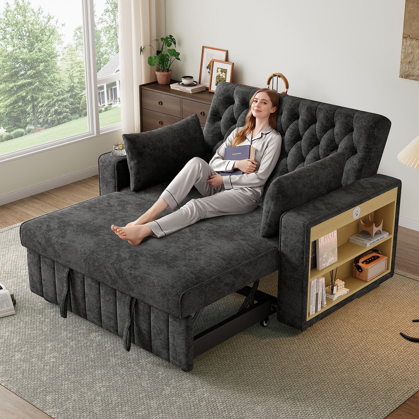 Multifunctional Sofa Bed, Modern Folding Sofa With Storage And Sleeping Function, Cup Holder, USB Charging Port And Pillows, Space-Saving Couch For Living Room, Bedroom And Guest Room, Gray