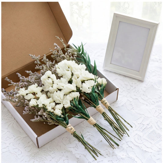 6 Mini Dried Flower Bouquets, White Statice (Sinnblumen) For Decoration, Table Settings, And Gifts—Party Accessories Set