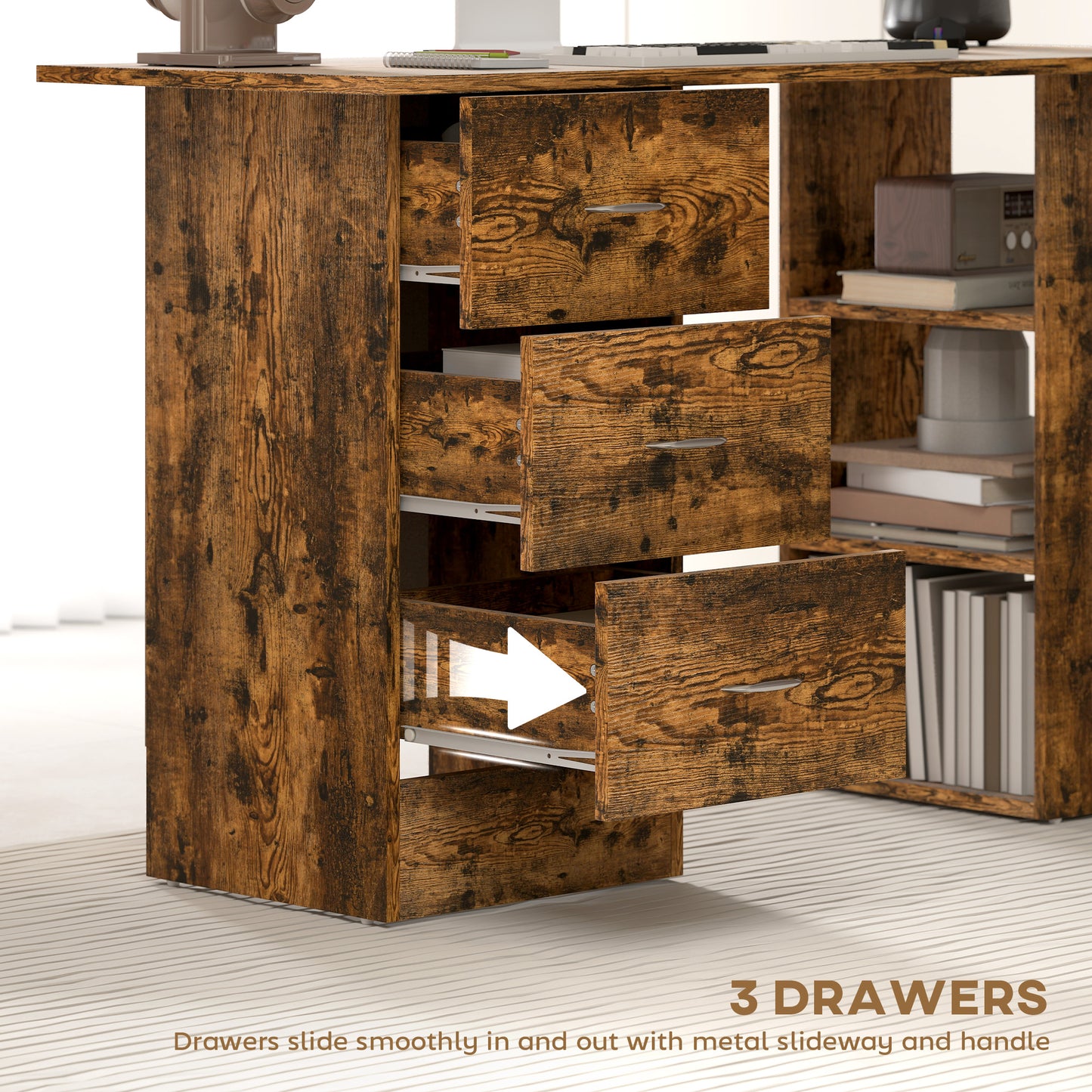 Computer Desk, Writing Table, PC Workstation With 3 Storage Shelves And Drawers, Silver Handle, For Home Office, Rustic Brown