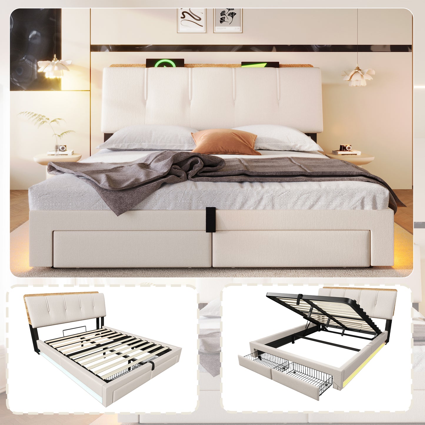 Upholstered Bed, 140x200 Cm, Hydraulic Storage, With USB Type-C Charging Function,Without Mattress,Multifunctional Storage, LED Lighting, Push-button Appdien, Linen, Beige