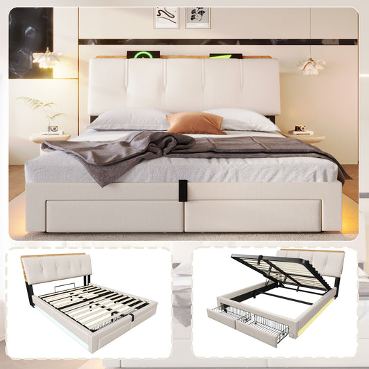 Upholstered Bed, 140x200 Cm, Hydraulic Storage, With USB Type-C Charging Function,Without Mattress,Multifunctional Storage, LED Lighting, Push-button Appdien, Linen, Beige