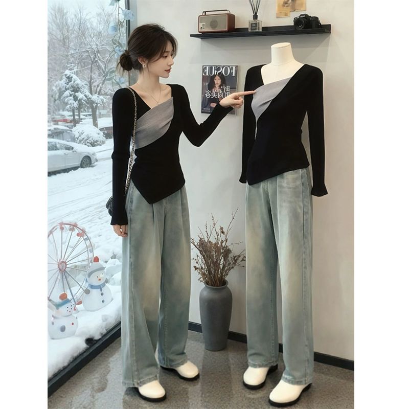 Korean-style Irregular Color-Block Patchwork Long-Sleeve Top For Women