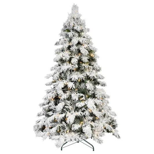 Artificial 6ft Flock LED-lit Christmas Tree With 594PE/PVC Mixed Branch Tips,Hinged Premium & Foldable Base For Indoor Holiday Decorating