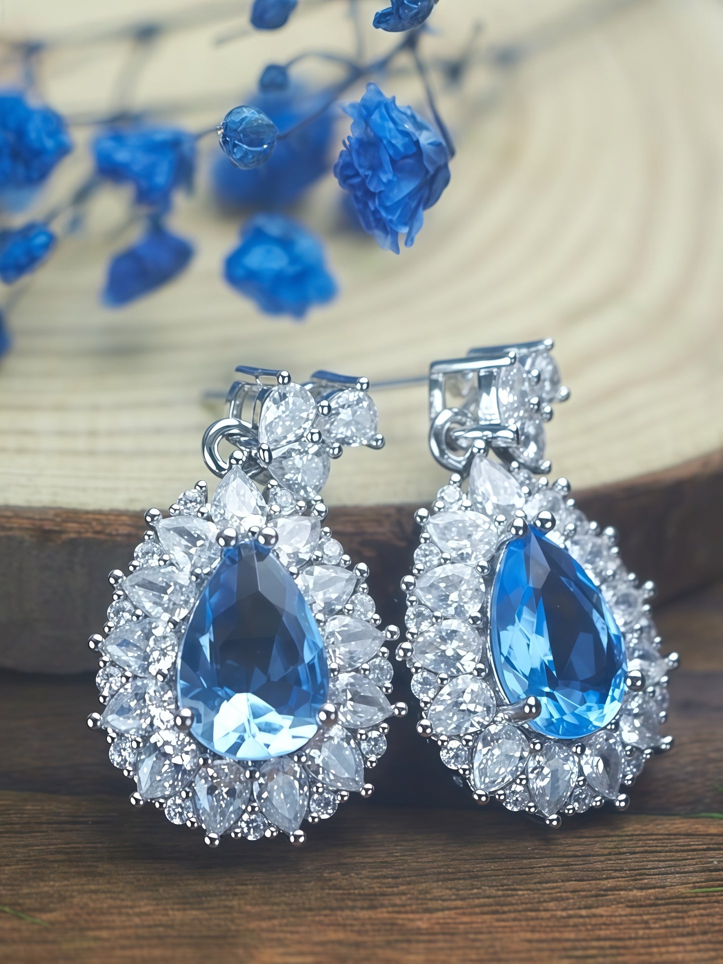 Pear Shaped Sky Blue Gem Double Halo Dangle Drop Earrings For Women, Copper Silver Plated Marquise White Crystal Vintage Bridal Banquet Statement Jewelry Gift