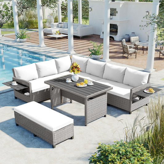 TOMAX 5-Piece Outdoor Patio Rattan Sofa Set, Sectional PE Wicker L-Shaped Garden Furniture Set With 2 Extendable Side Tables, Dining Table And Washable Covers For Backyard, Poolside, Indoor, White