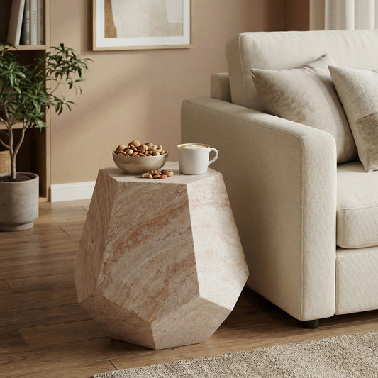 Outdoor Indoor Lightweight Concrete Side Table,Hexagonal Round Travertine Accent Table