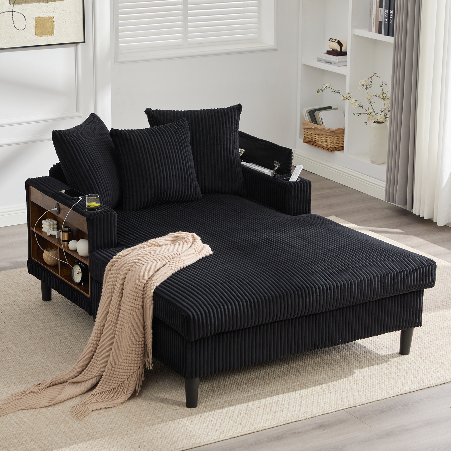 Multifunctional Corduroy Lounge With Chaise Longue With Large Lying Surface, Cup Holders On Both Sides, LED Lighting, Side Pocket, Storage Space, USB Charging Port, Sturdy Plastic Feet  Versatile.