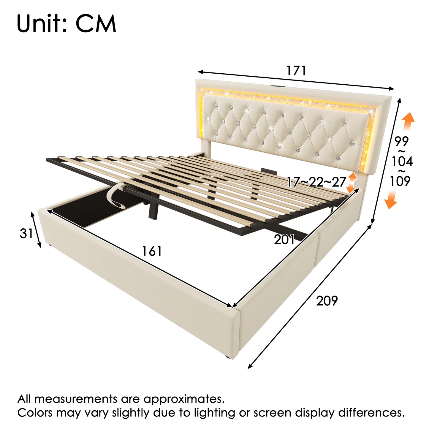 Upholstered Bed 160x200 Cm Velvet Double Bed With LED Diamond Band In The Headboard, USB & Type-C Charging Station, Hydraulic Bed Box, Youth Bed With Storage Space And Slatted Frame, Beige