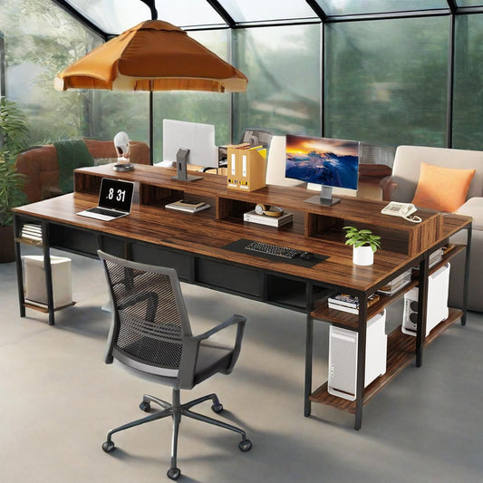 Two Person Desk With Monitor Stand, 78.74" Long Double Computer Office Desk With Storage Shelves, Large Gaming Study Writing Table
