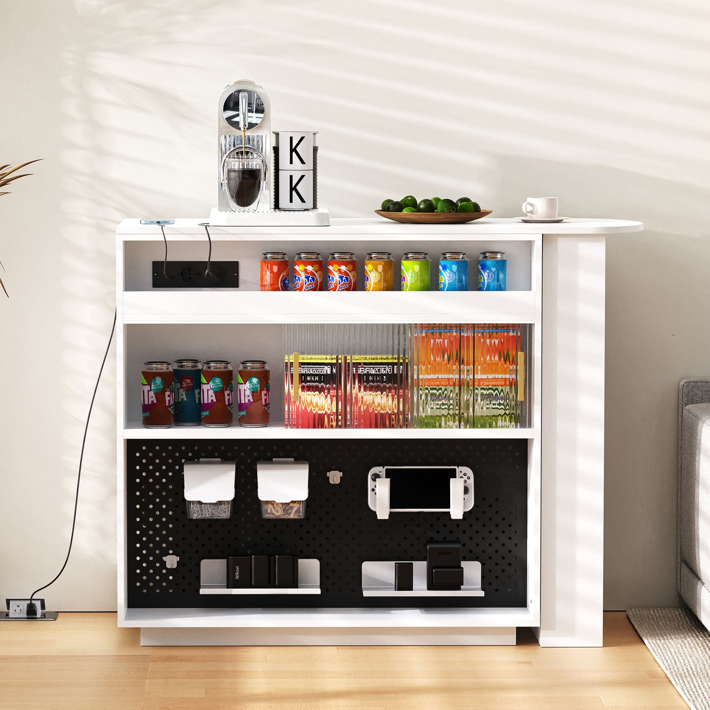 Modern Bar Table, Extendable 360 Swivel Sideboard With Storage And LED Lighting, Reversible Sideboard With Perforated Board And Sockets, Bar Table For Kitchen And Dining Room  White