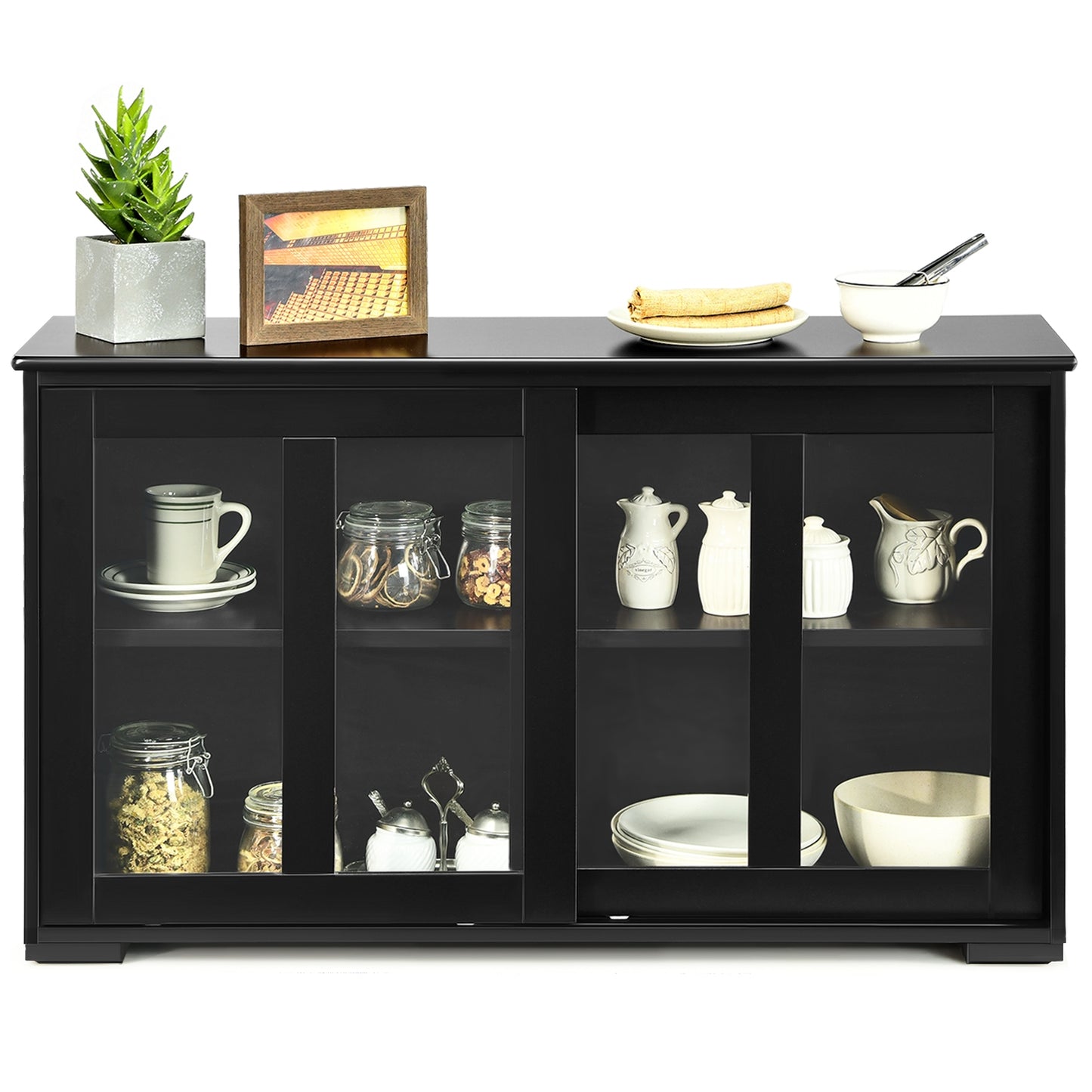 Kitchen Storage Cabinet With Glass Sliding Door-Black