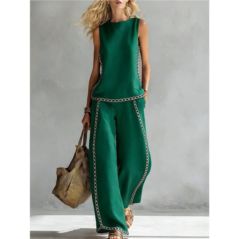 New-style Rainbow Tie-dye Sleeveless Crew-neck Top And Wide-leg Pants Womens Casual Two-piece Set