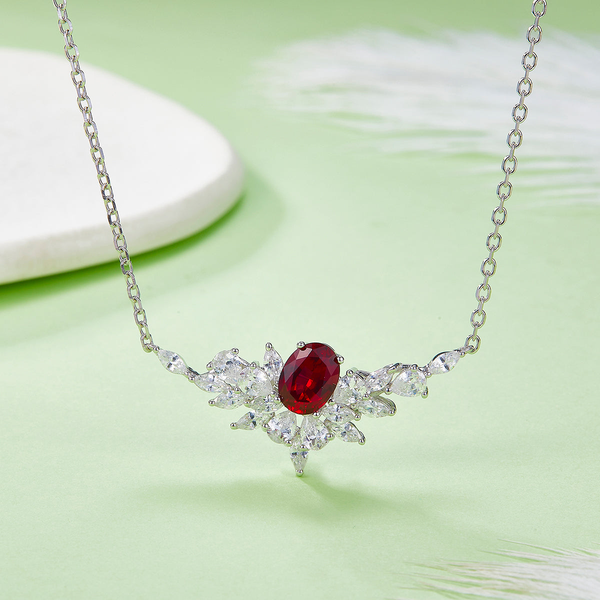 S925 Sterling Silver Lab-Grown Ruby Sapphire Necklace, 8x6mm Oval With Marquise Cluster, Platinum Plated 40&45cm Chain, 5g, Gift Box