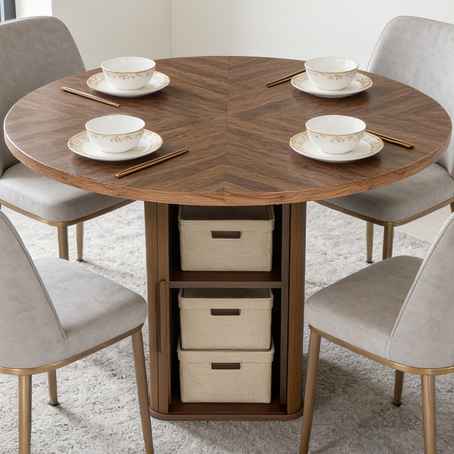 47in Dining Table Exquisite Round Table With 2 Storage Shelf Wood Slide Door And Wooden Base For Dining Room Home Kitchen Canteen