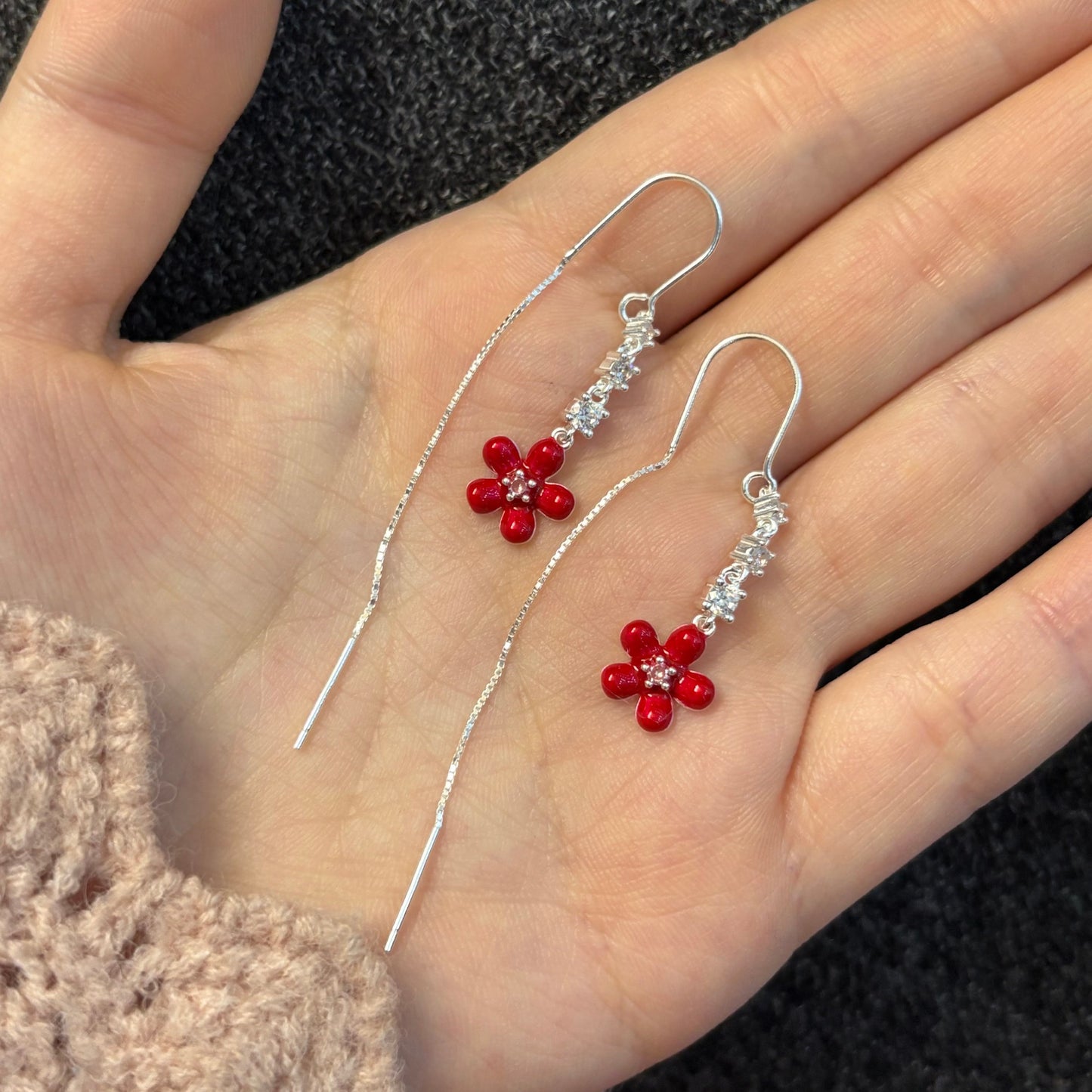 1 Pair 999 Sterling Silver Red Flower Zircon Long Threader Earrings, Sweet & Elegant, Perfect For Daily, Dating & Gifting, Ideal Valentine's Gift