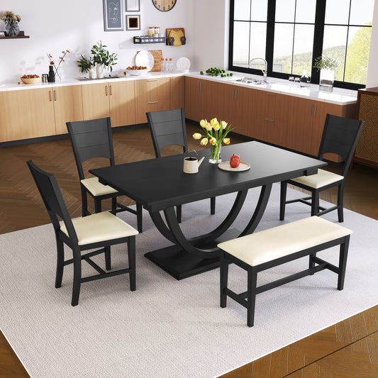 TOPMAX 6-Piece Wood Half Round Dining Table Set Kitchen Table Set With Long Bench And 4 Dining Chairs, Modern Style, Gray