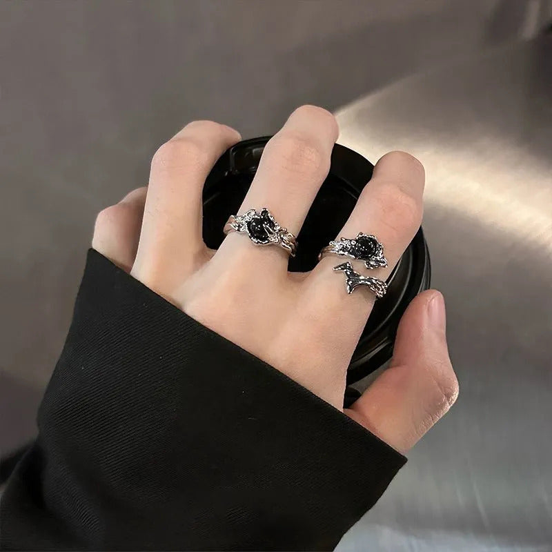 1pc Irregular Lava Black Stone Split Open Matching Rings, Dark Indie Aesthetic Style, For Men Women Street Daily Wear & Couple Valentine Gifts