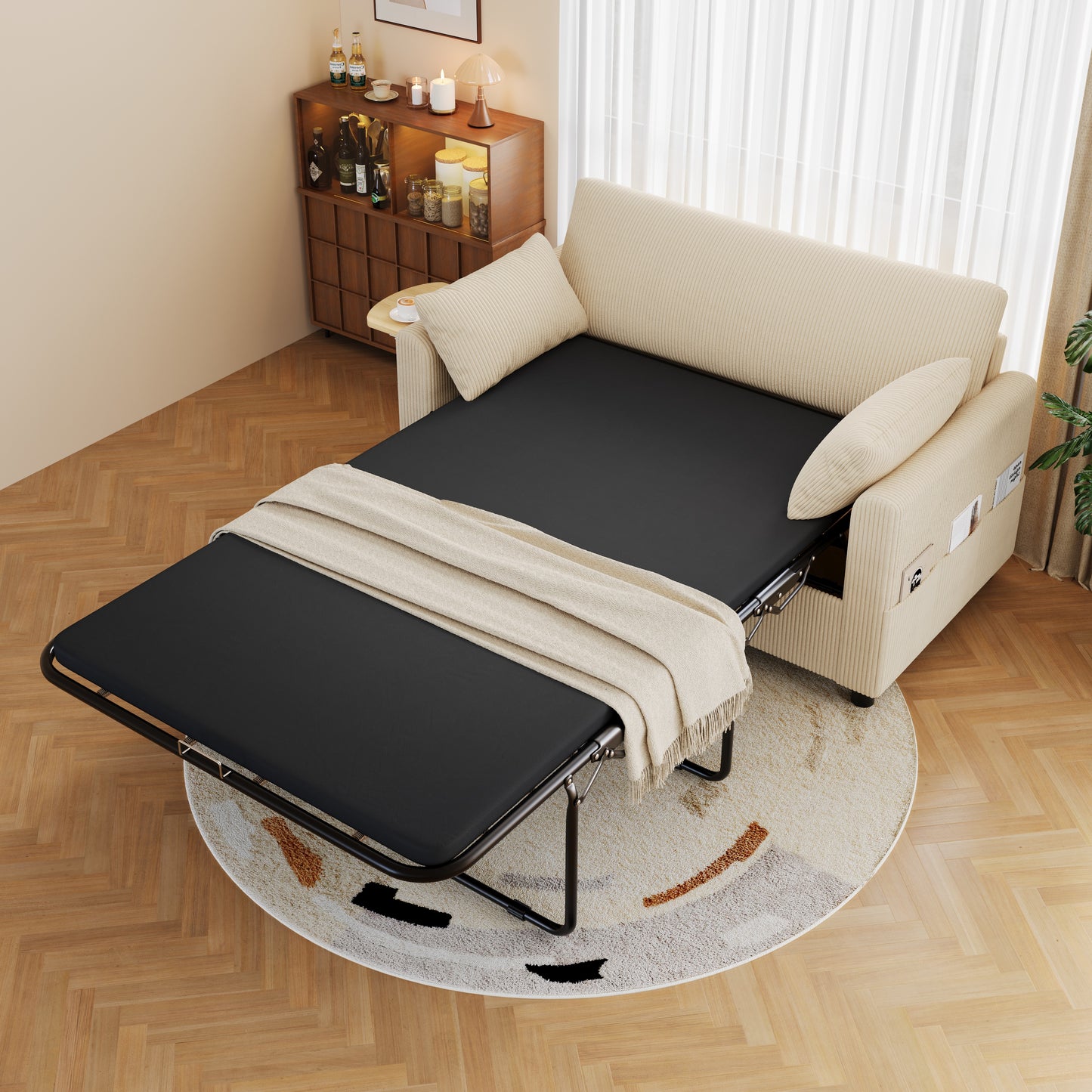 Pull-out 2-seater Sofa Bed With Sleeping Function, USB Charging Port, Folding Side Table, Mattress, Two Sheets And Two Pillows, Ideal For Living Rooms And Apartments, Beige.